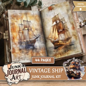 Könnte beinhalten: Ein offenes Journal mit Aquarellmalereien von Vintage-Segelschiffen. Die Seiten sind mit einem Sepia-Ton gealtert, und die Schiffe sind mit detaillierten Masten und Segeln dargestellt. Der Text "44 Seiten" ist sichtbar, zusammen mit den Wörtern "Junk Journal Art" und "Vintage Ship Junk Journal Kit".