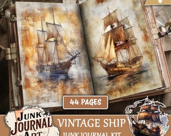 Kit de diario de recortes con temática de barcos vintage, papeles para álbumes de recortes náuticos, artículos efímeros de veleros.