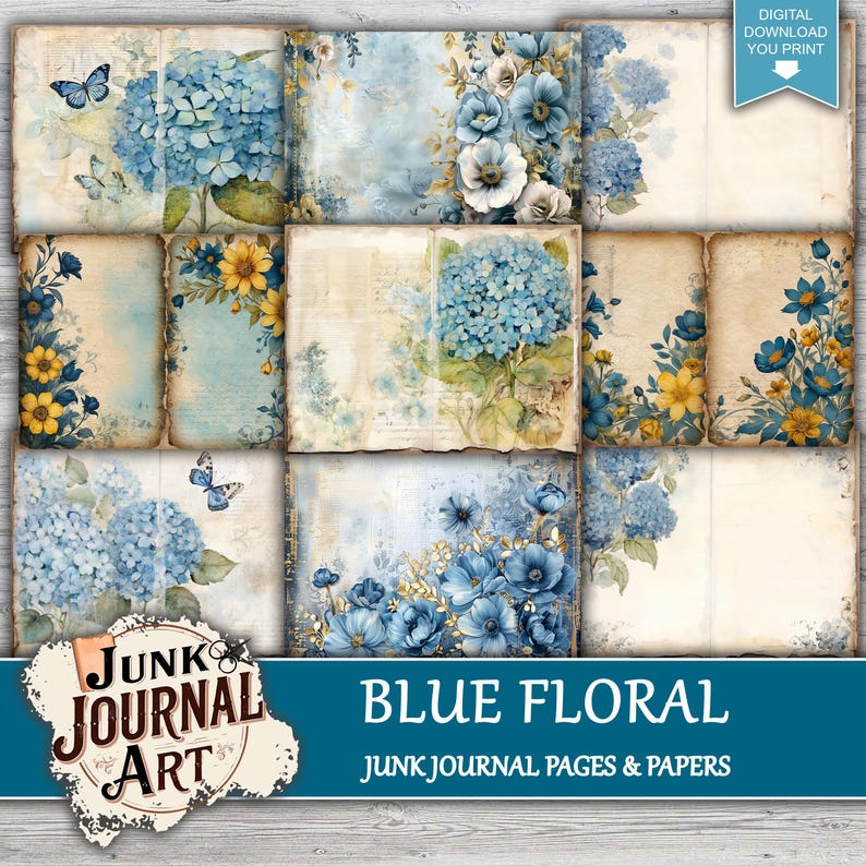 Vintage Blue Rose Junk Journal Kit, Shabby Chic Floral Scrapbook Papers ...