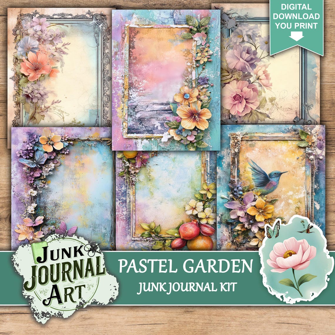 Vintage Pastel Garden Junk Journal Kit, Shabby Chic Soft Floral ...