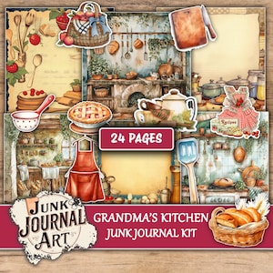 Puede incluir: Un kit de diario basura digital titulado "Grandma's Kitchen" con 24 páginas. La imagen presenta ilustraciones de acuarela de artículos de cocina, incluyendo una tarta, una tetera, un delantal y una cesta de pan. El kit está diseñado para el arte del diario.
