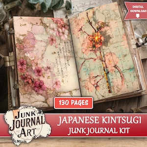 May include: An open junk journal featuring pages with pink cherry blossom illustrations, gold leaf accents, and Japanese calligraphy text. The right page displays a decorative branch with a floral embellishment. Text includes 130 PAGES.