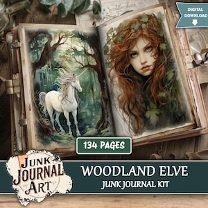 Peut inclure: Journal ouvert avec des illustrations d'une licorne dans une forêt et d'une femme aux cheveux roux et une couronne de feuilles. Le journal est intitulé "Woodland Elve Junk Journal Kit" et contient 134 pages.