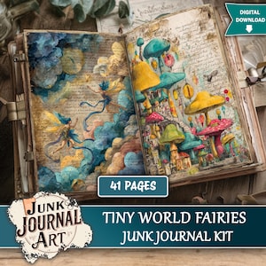 Puede incluir: Kit de diario basura abierto con ilustraciones de hadas y hongos. La página izquierda presenta un hada con un vestido azul y amarillo, mientras que la página derecha muestra un pueblo de hongos. El kit incluye 41 páginas y es una descarga digital.