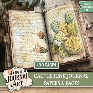 Puede incluir: Diario abierto con ilustraciones de acuarela de cactus y flores. El diario tiene papel envejecido con texto manuscrito y está encuadernado en una cubierta de madera. El diario está etiquetado como "Cactus Junk Journal Papers & Pages" y es una descarga digital.