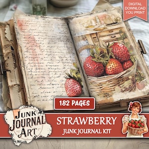 Strawberry junk journal, Junk journal supplies, junk journal kits, Strawberry clipart, Fussy cuts, strawberry journal paper, ephemera, tags