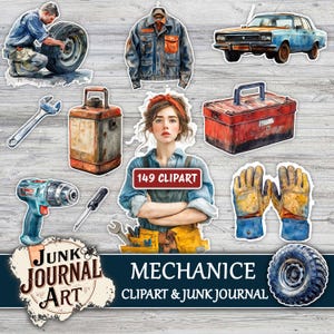 Puede incluir: Una colección de imágenes prediseñadas y arte de diario basura con temática de mecánica. Incluye imágenes de un coche, herramientas, un mecánico, un neumático, una chaqueta y una caja de herramientas. El texto "149 Clipart" es visible. La combinación de colores es azul, rojo y marrón.