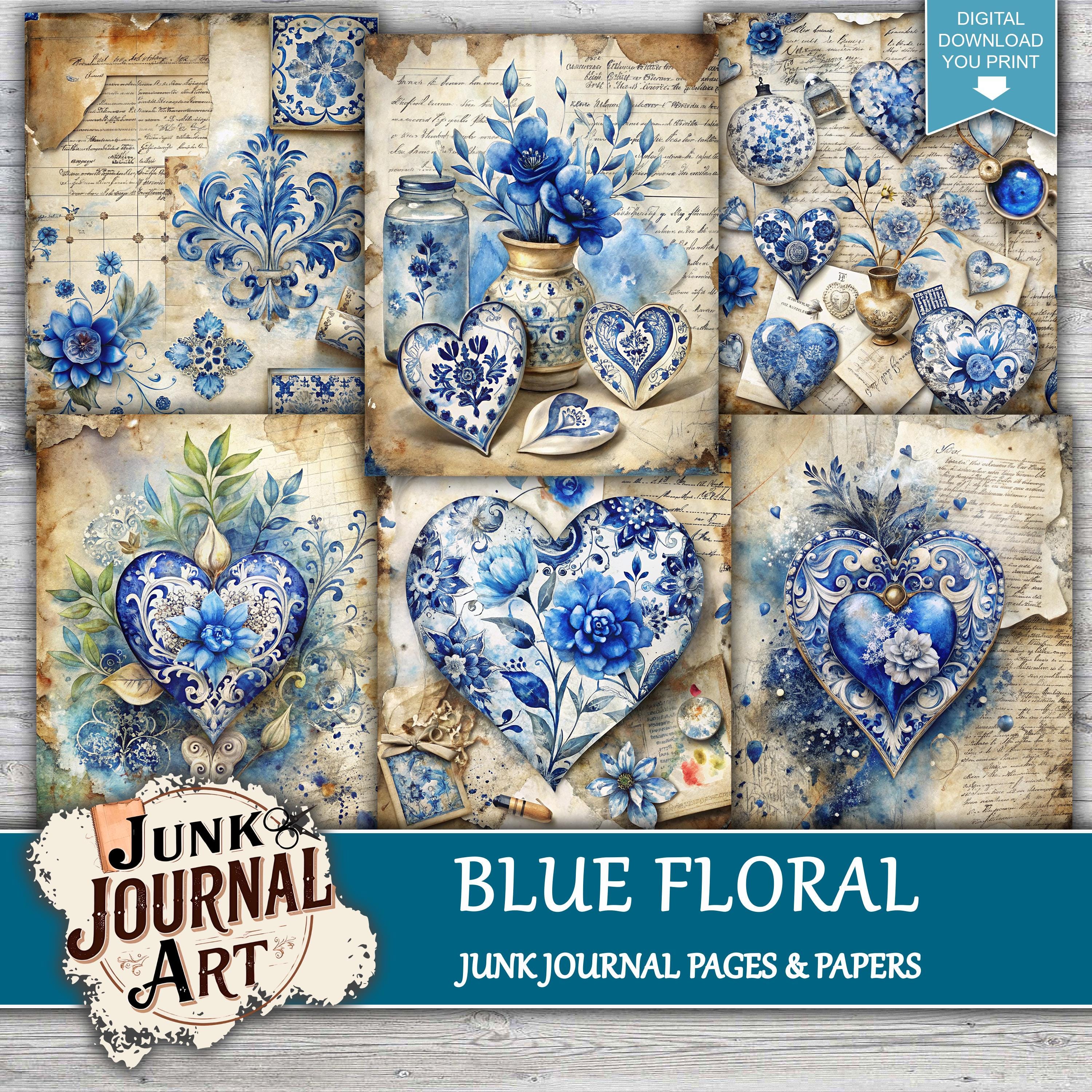 Vintage Blue Rose Junk Journal Kit, Shabby Chic Floral Scrapbook Papers ...