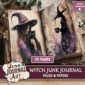 May include: Open junk journal with witch-themed illustrations. One page shows a witch in a purple hat holding a black cat. The other page depicts a witch holding a cauldron. The journal has 70 pages and the text "Witch Junk Journal Pages & Papers".