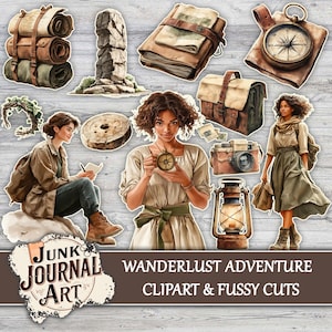 以下が含まれることがあります： 放浪の冒険をテーマにしたデジタルクリップアートセット。コンパス、ヴィンテージカメラ、旅行バッグ、ランタン、コンパスを持つ女性のイラストが含まれています。「Junk Journal Art」と「Wanderlust Adventure Clipart & Fussy Cuts」と書かれたテキスト。