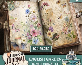 May include: An open junk journal with 104 pages, featuring watercolour floral illustrations in pink, blue, and purple. The journal has a vintage aesthetic with butterflies and text overlays. The cover displays the text "English Garden Junk Journal Kit".