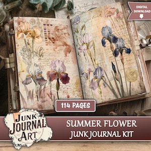 Könnte beinhalten: Ein offenes Junk-Journal-Set mit 114 Seiten, das botanische Illustrationen von Schwertlilien in Pfirsich-, Lila- und Blautönen zeigt. Die Seiten enthalten Texturen von gealtertem Papier, kursive Handschrift, Rastermuster und ein Download-Etikett.