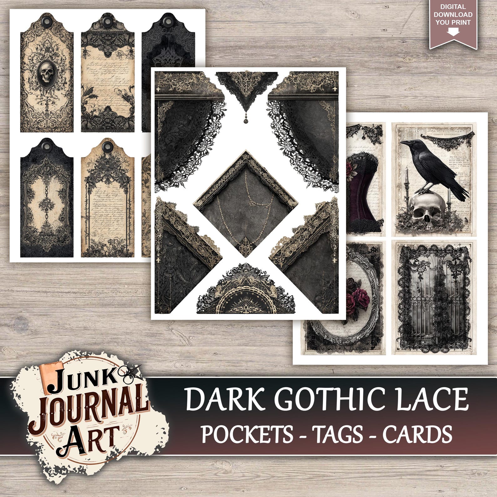 Dark Gothic Lace Junk Journal Printable Pages - Black Victorian Kit ...