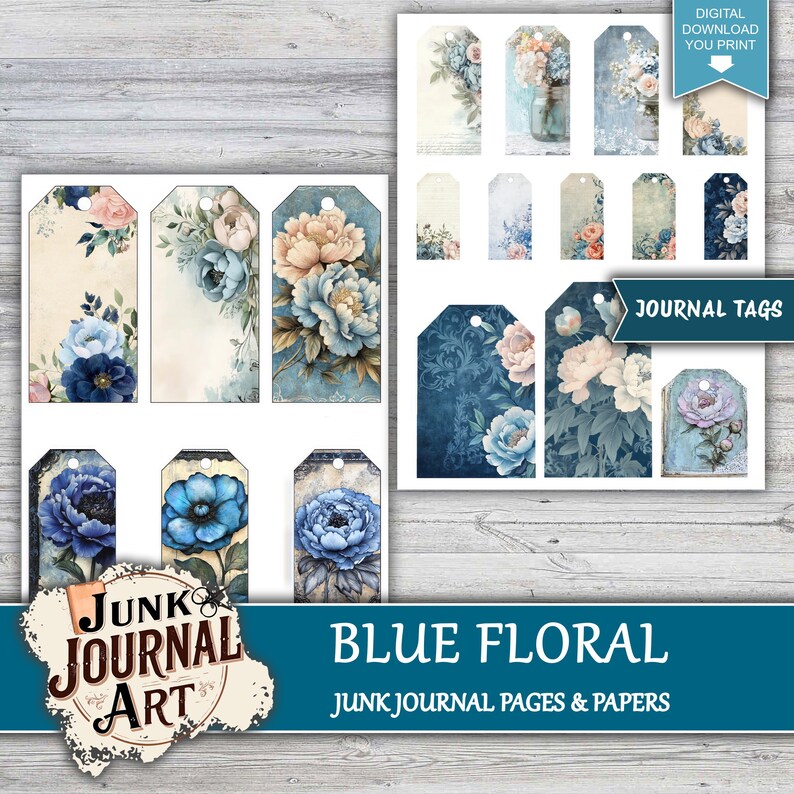 Vintage Blue Rose Junk Journal Kit, Shabby Chic Floral Scrapbook Papers ...