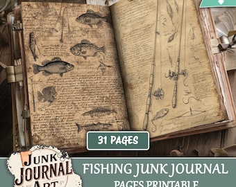 May include: Open junk journal with vintage-style fishing illustrations and handwritten text. The pages feature drawings of fish, fishing rods, and other fishing-related items. The cover reads "Junk Journal Art" and "Fishing Junk Journal Pages Printable". The journal has 31 pages.