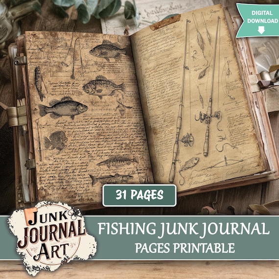 Fishing Junk Journal Pages, junk journal supplies, Vintage Fisherman Ephemera, Angler Kit, Rustic Masculine Paper