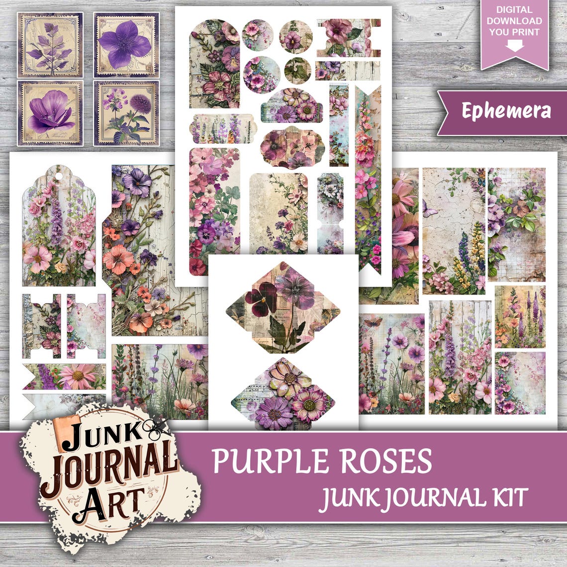 Vintage Purple Rose Junk Journal Kit, Shabby Chic Floral Scrapbook ...