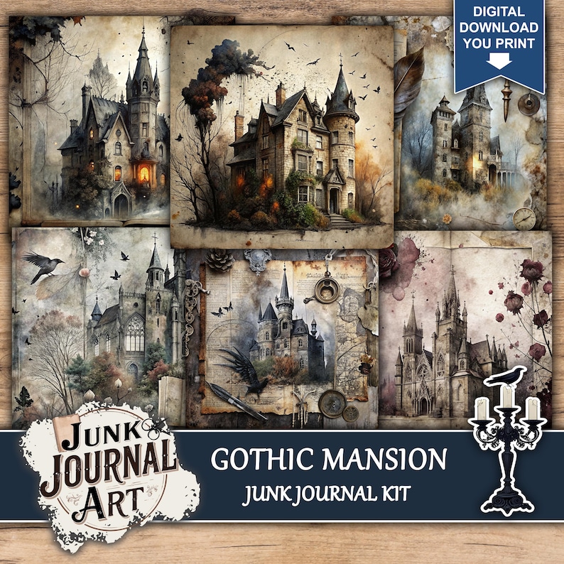 Gothic Mansion Junk Journal Kit, Dark Castle Scrapbook Papers, Haunted ...
