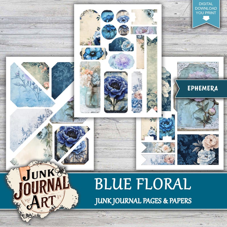 Vintage Blue Rose Junk Journal Kit, Shabby Chic Floral Scrapbook Papers ...