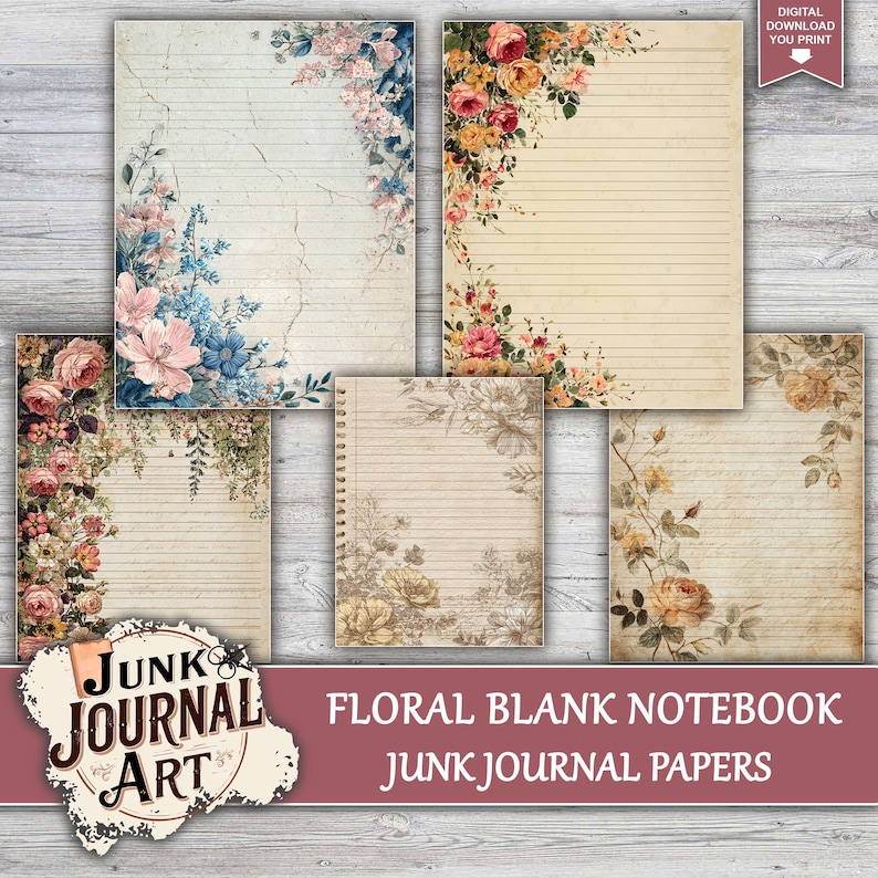 Floral Blank Notebook Junk Journal Pages, Vintage Lined Paper, Flower ...