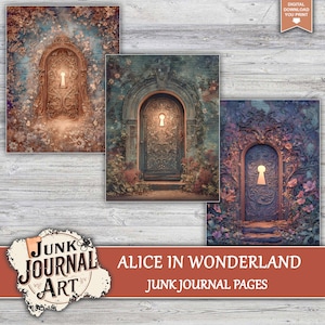 The image is a collage of three pictures depicting a keyhole-shaped doorway in a whimsical, fantastical setting.