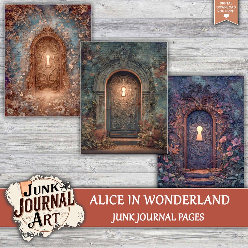The image is a collage of three pictures depicting a keyhole-shaped doorway in a whimsical, fantastical setting.