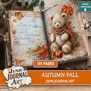 May include: An open junk journal kit featuring a teddy bear, pumpkins, and autumn leaves. The journal has 131 pages and the text "Autumn Fall Junk Journal Kit". The journal is open on a wooden surface.