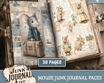 May include: Open junk journal with illustrated mouse characters and vintage ephemera. The journal features a mouse dressed in a blue jacket with a suitcase, and other mice in vintage clothing. The text "38 pages" is visible.