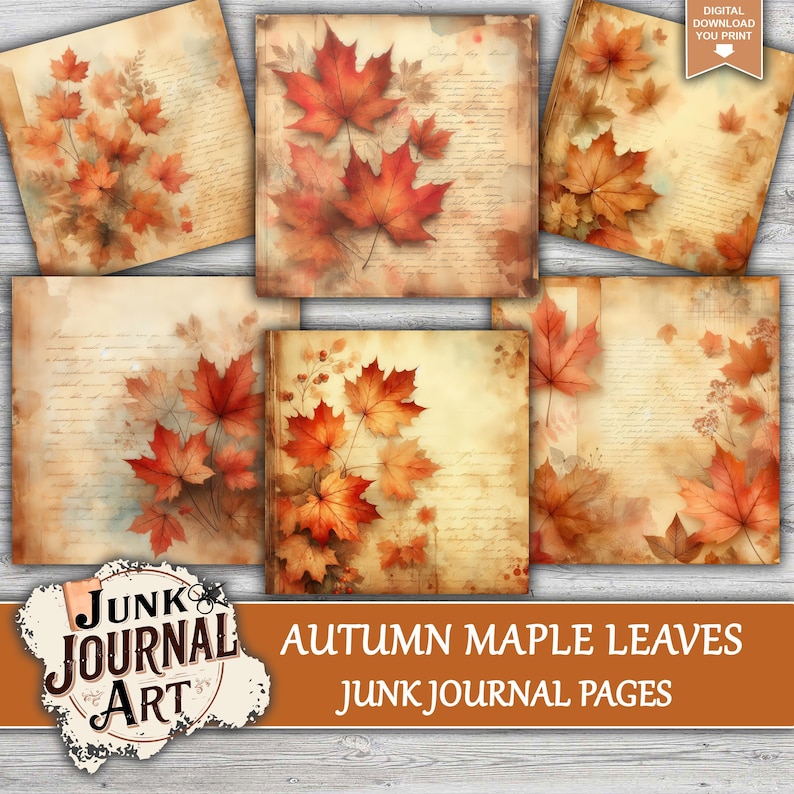 a collage of autumn-themed pages featuring various shades of orange and red maple leaves.