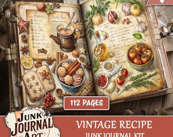 Può includere: Un kit di diario di ricette vintage con 112 pagine. Il libro aperto presenta illustrazioni ad acquerello di ingredienti come pomodori, aglio e spezie. La copertina include il testo "Junk Journal Art" e "Vintage Recipe Junk Journal Kit."