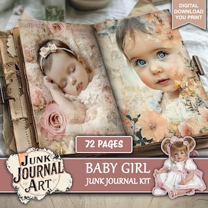 Baby Girl junk journal, junk journal supplies, junk journal kits, floral junk journal, printable junk journal kit, pink junk journal, tags