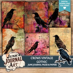 The image is a collage of six vintage-style black crow illustrations, each with a unique background color and style, arranged in a grid format.