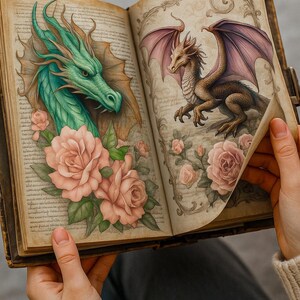 Junk Journal Dragon, Junk journal roses, ephemera dragon, Shabby Chic, junk journal kits, junk journal ideas, rose pink, vintage journal, floral journal, Junk journal roses, dragon stickers, junk journal supplies, journaling supplies