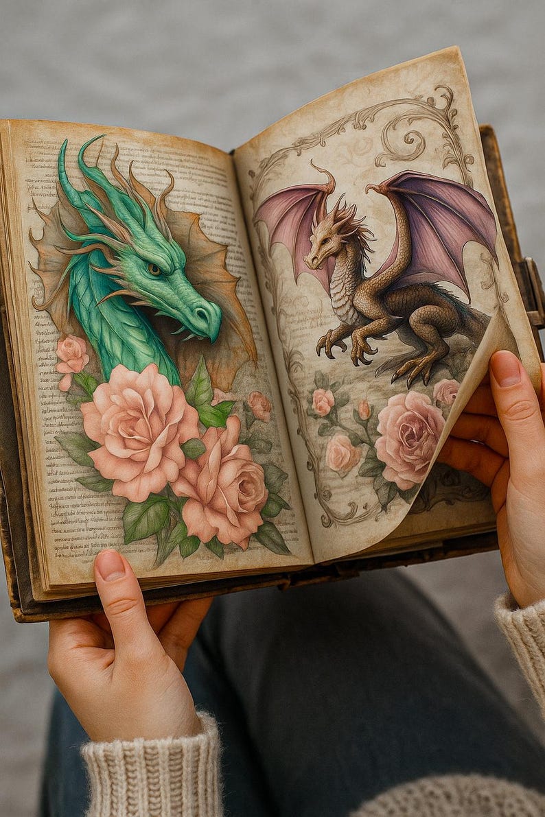 Junk Journal Dragon, Junk journal roses, ephemera dragon, Shabby Chic, junk journal kits, junk journal ideas, rose pink, vintage journal, floral journal, Junk journal roses, dragon stickers, junk journal supplies, journaling supplies
