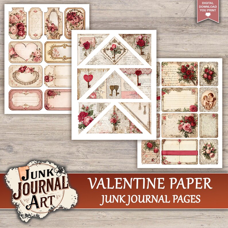 Valentine Paper Junk Journal Printable Pages, Vintage Love Background ...