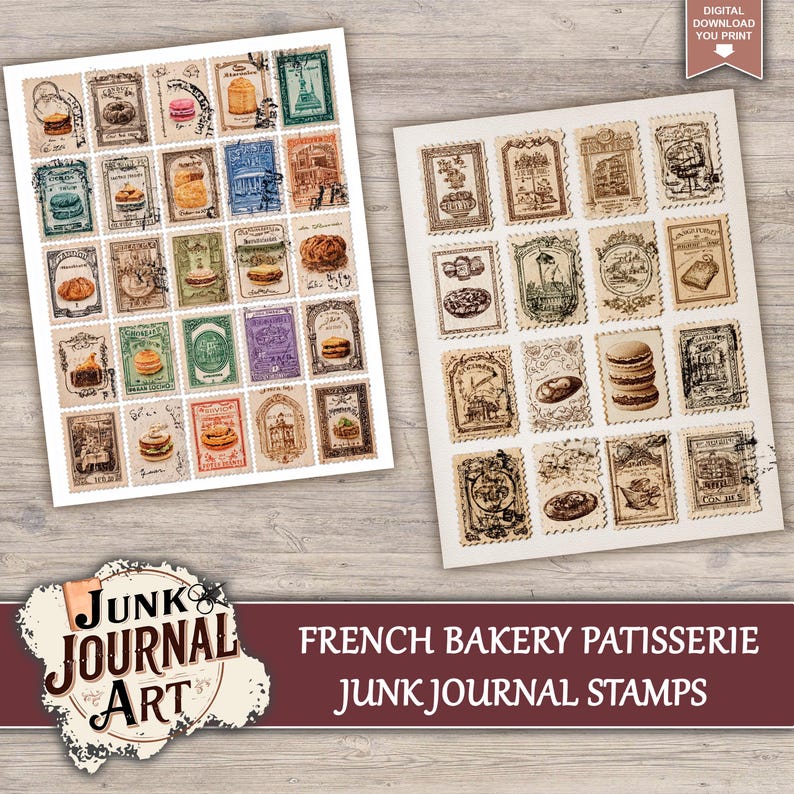 junk journal supplies, junk journal kits, junk journal paper, junk journal pages, Vintage Junk journal, French Bakery, Vintage Patisserie, Croissant Paper, Macaroon Art, Food Junk Journal, Kitchen Scrapbook, Cafe Storefront, fussy cuts