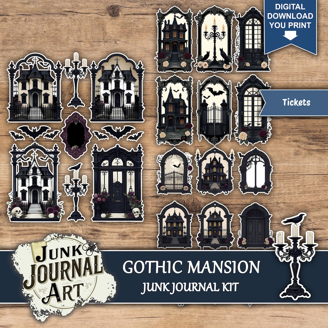 Gothic Mansion Junk Journal Kit, Dark Castle Scrapbook Papers, Haunted ...