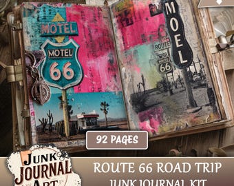 Kit per junk journal vintage sulla Route 66, carte per scrapbooking da viaggio retrò, cimeli di auto d'epoca, etichette di viaggio americane.