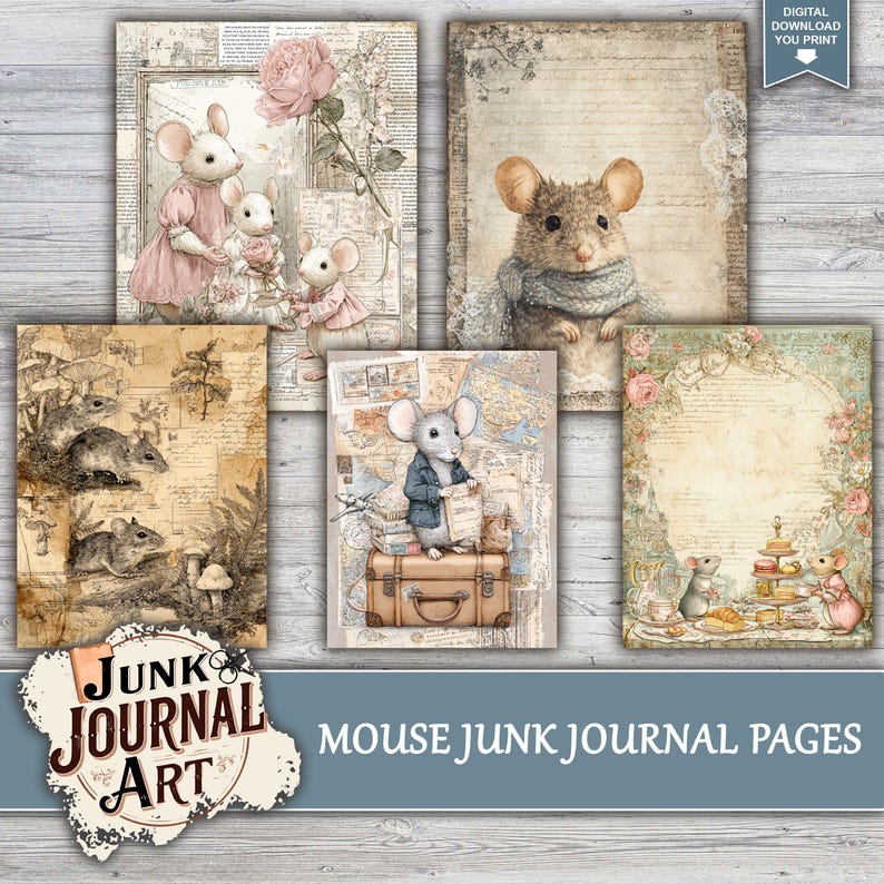 junk journal supplies, junk journal kits, junk journal ideas, junk journal paper, junk journal pages, vintage junk journal, Cute Mouse Journal, Vintage Mice, Whimsical Animal, Cottagecore Kit, Field Mouse Art, Nursery Journal, Storybook Ephemera, Printable Paper