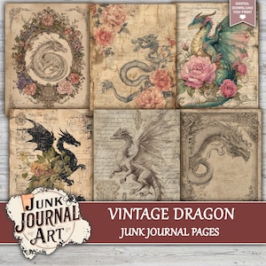 The image is a collage of vintage dragon illustrations, including one with a dragon and pink flowers, another with a dragon and a rose, and a third with a dragon and a rose. The collage is titled "Vintage Dragon JUNK Journal Art" and includes junk journal pages.
