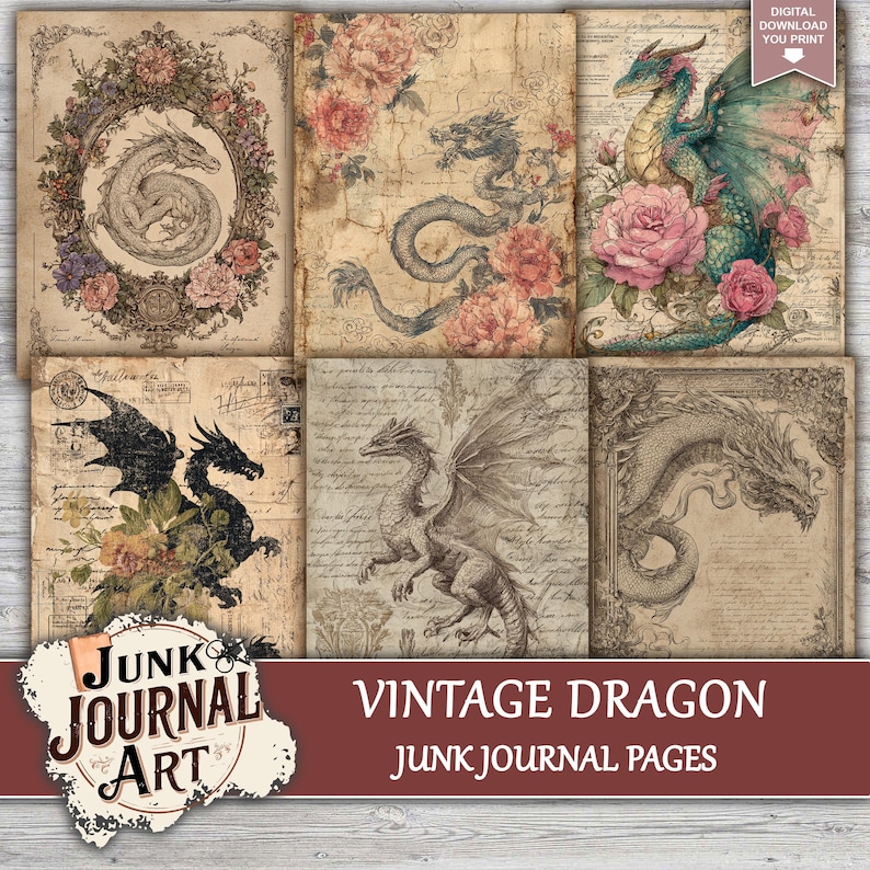 The image is a collage of vintage dragon illustrations, including one with a dragon and pink flowers, another with a dragon and a rose, and a third with a dragon and a rose. The collage is titled "Vintage Dragon JUNK Journal Art" and includes junk journal pages.
