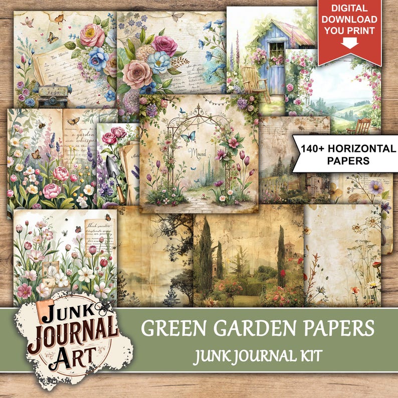 Green Garden Junk Journal Kit, Floral Printable Pages, Vintage ...