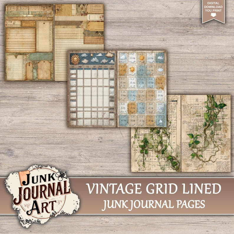 Vintage Grid Lined Junk Journal Printable Pages - Notebook Paper ...