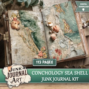 May include: A junk journal kit featuring 113 pages with vintage map illustrations, handwritten script, and floral accents. The pages are decorated with various seashells and coral elements. The text reads Digital Download, 113 Pages, and Junk Journal Art.