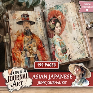 May include: Open junk journal with Asian-themed illustrations. One page features a man in a red and gold robe, the other a woman with a red parasol. The journal has 192 pages and is labelled "Asian Japanese Junk Journal Kit."