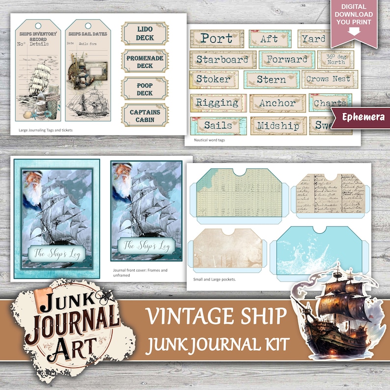 Vintage Ship Junk Journal Kit, Nautical Scrapbook Papers, Sailing Boat ...