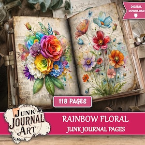 Regnbågsblommig skräpjournal, skräpjournaltillbehör, skräpjournalkit, färgglad skräpjournal, blommig skräpjournal, scrapbookpapper