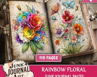 May include: Open junk journal with watercolour floral illustrations. The pages feature colourful flowers and text. The cover is brown with metal clasps. The text on the image says "Rainbow Floral Junk Journal Pages" and "118 Pages".