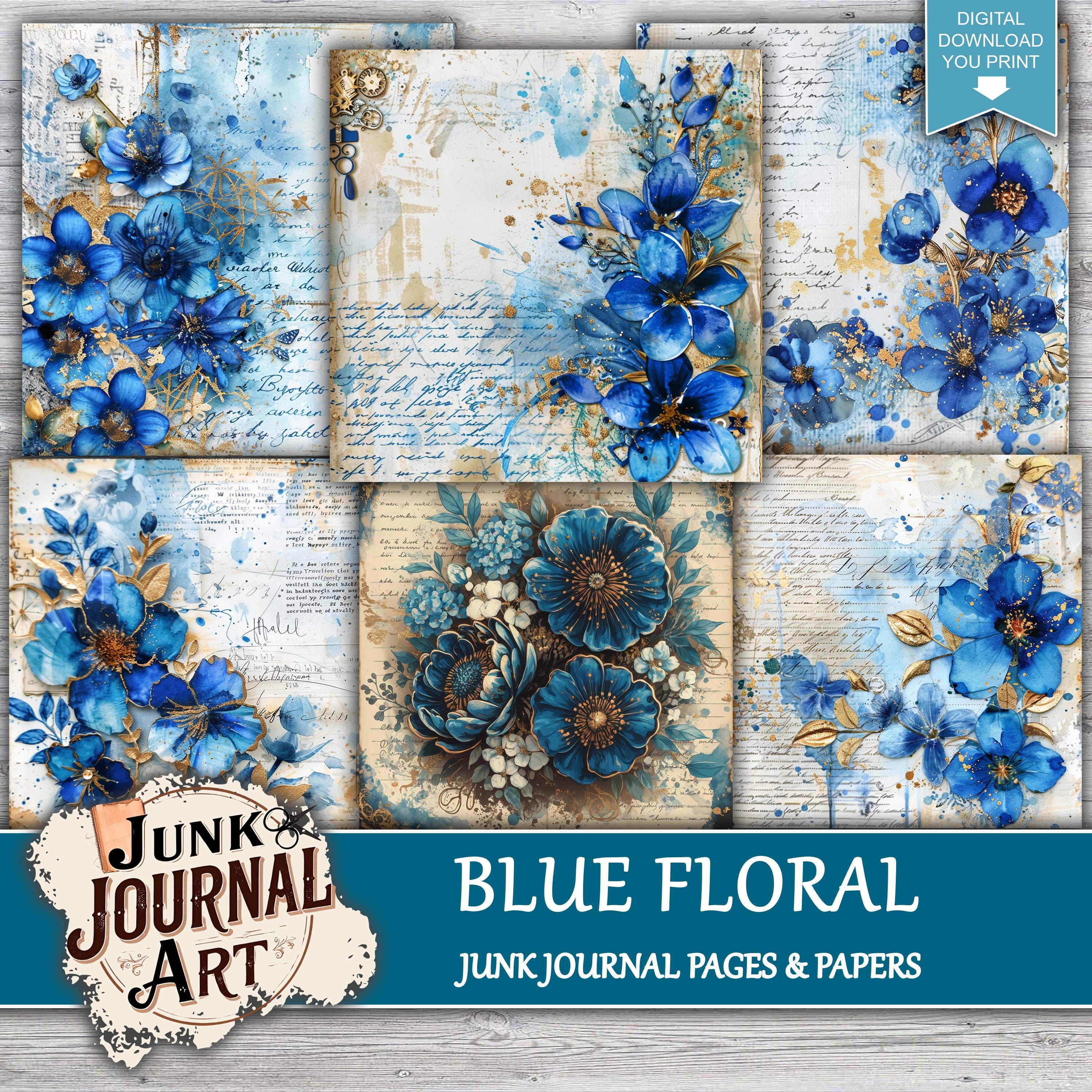 Vintage Blue Rose Junk Journal Kit, Shabby Chic Floral Scrapbook Papers ...
