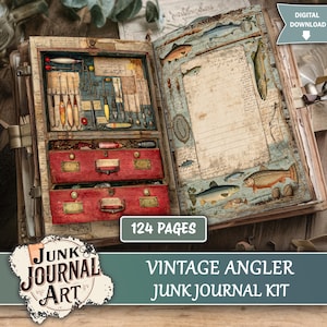 May include: Vintage angler junk journal kit with 124 pages. The open journal features a detailed interior with fishing lures, hooks, and tackle in red drawers. The pages are decorated with fish illustrations and vintage ephemera. The words "Digital Download" are visible.